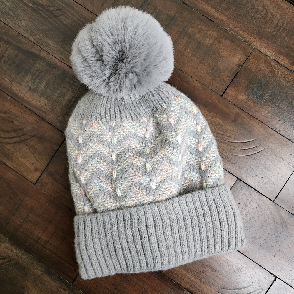 Cozy Gray Knit Pom-Pom Beanie Casual Winter Weather
